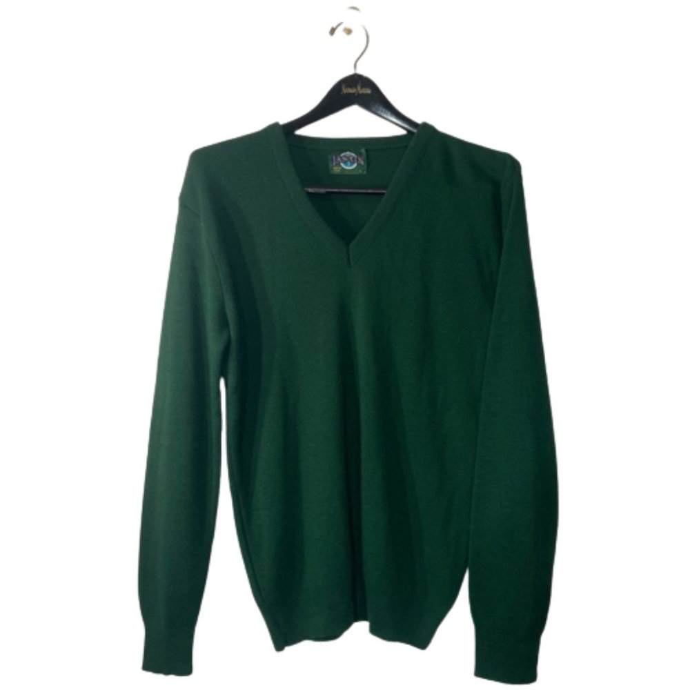 Jantzen V-Neck Sweater Mens Latge Green Long Sleeve Vintage Pullover Made In USA